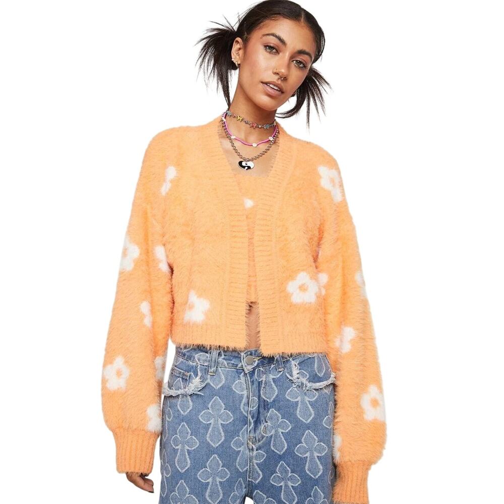 Pretty Garbage Orange Ditsy Floral Eyelash Cardigan Women's Small